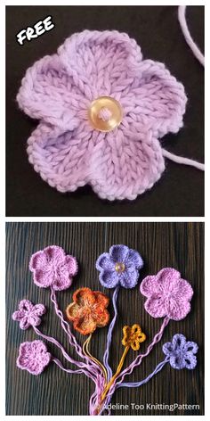 crocheted flowers are shown in two different colors