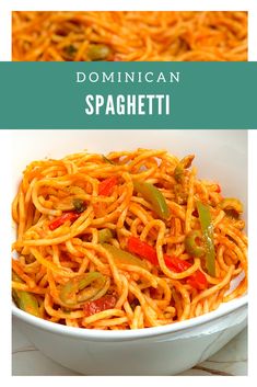 a white bowl filled with spaghetti and peppers