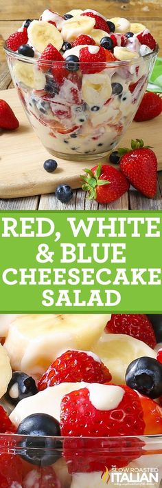 red, white and blue cheesecake salad in a bowl with strawberries on the side