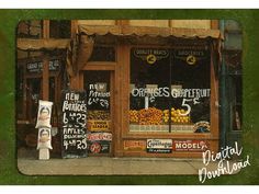 a painting of a store front with signs on the outside and fruit in the window