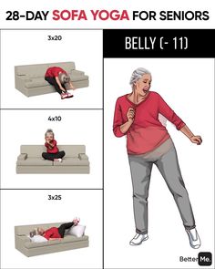 an elderly woman doing yoga on a couch with the caption'28 - day sofa for seniors '