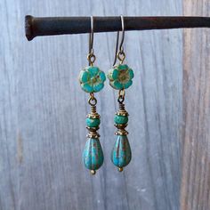 Vintage Turquoise Dangle Flower Earrings, Handmade Vintage Turquoise Beaded Earrings, Turquoise Teardrop Flower Earrings For Gift, Vintage Turquoise Beaded Drop Earrings, Vintage Turquoise Beaded Earrings Gift, Vintage Turquoise Beaded Earrings For Gift, Turquoise Bohemian Flower Earrings For Gift, Green Rustic Dangle Earrings, Rustic Green Dangle Earrings