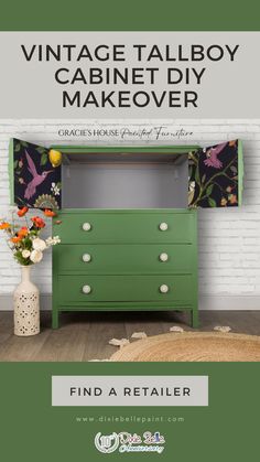 an old dresser painted green with flowers on it and the words vintage talboty cabinet diy makeover