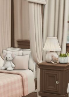 there is a teddy bear on the nightstand in this bedroom with white curtains and plaid bedding