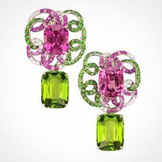 Marvel in our enthralling high jewelery with natural gems online ... Kay Jewelry, Peridot Jewelry, Pink Spinel, Pink Bling, Fabulous Jewelry, I Love Jewelry, Green And Pink, Stunning Jewellery, Exquisite Jewelry