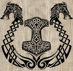 an image of two horses in the middle of a wood panel with celtic designs on it