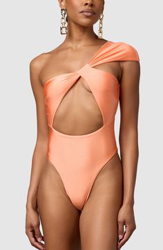 This stunning one piece swimsuit will have you feeling effortlessly classy. It elegantly caps one shoulder and drapes in the back to create a stunning asymmetrical look that will not disappoint. Thick double-lined fabric High cut at legs Cheeky bottoms One-piece Swimwear With Back Closure For Pool, Pool Bodysuit With Cutout In One-piece Shape, Fitted Cutout One-piece Swimwear, Fitted One-piece Cutout Swimwear, Elegant One-piece Cutout Swimwear, Corset Style, High Cut, Nordstrom Store, Anniversary Sale