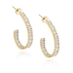 Indulge in the luxurious elegance of our Hazel CZ Hoop earrings. Adorned with sparkling CZ stones, these hoops will add a touch of glamour to any outfit. 18K Gold Plated over Sterling Silver 1.3" 5mm Wide CZ Stones Water & Tarnish Resistant Hypoallergenic Blue Wine Glasses, Bow Earrings, Sock Gifts, Original Gift, Glasses Accessories, Cz Stone, Earring Necklace, Ring Necklace, Sales Gifts