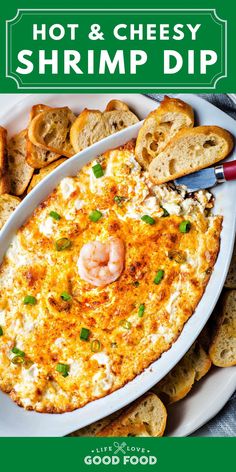 the cover of hot and cheesy shrimp dip is shown with crackers on the side