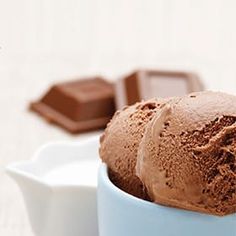 chocolate ice cream in a white bowl with two pieces of chocolate on the side