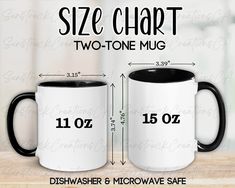 two black and white coffee mugs with measurements