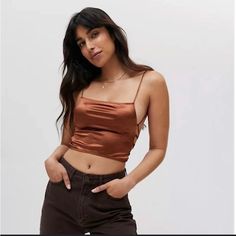 Nwt Motel Rocks (Bought From Uo) Silky Strappy Brown Crop Top. Brown Tank Top For Night Out In Spring, Spring Night Out Brown Tank Top, Casual Cropped Camisole For Party, Brown Camisole Tops For Night Out, Urban Outfitters Tank Top For Summer Party, Trendy Brown Summer Camisole, Casual Cropped Camisole For Night Out, Urban Outfitters Tank Top For Summer Nights Out, Urban Outfitters Tank Top For Night Out In Summer