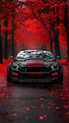 a red and black sports car parked on the side of a road with trees in the background