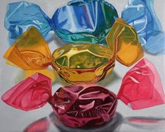 an oil painting of colorful glass vases