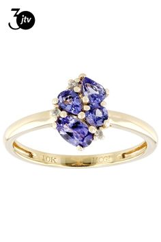 0.25ctw Pear, 0.20ctw Oval And 0.10ctw Round Tanzanite And 0.01ctw Round White Diamond 10k Yellow Gold Asymmetrical Cluster Ring. Measures Approximately 0.30"L x 0.39"W. Engagement Rings Tanzanite, Blue Tanzanite, Yellow Gold Ring, Cluster Ring, 10k Gold, Yellow Gold Rings, White Diamond, Gold Ring, Pear