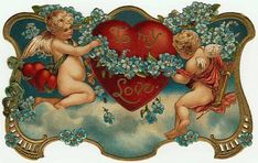 two cherubs holding a heart surrounded by blue flowers