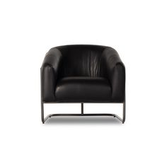 a black leather chair with metal legs and armrests on an isolated white background