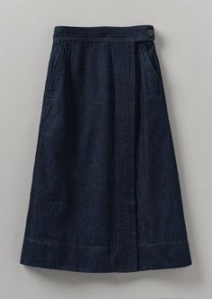 Cotton Hemp Denim Wrap Skirt | Indigo Cotton Dark Wash Denim Skirt With Belt Loops, Cotton Denim Skirt With Belt Loops For Work, Denim Blue Cotton Skirt With Belt Loops, Asymmetrical Cotton Wrap Skirt For Workwear, Cotton Denim Skirt With Pockets And Asymmetrical Cut, Asymmetrical Cotton Denim Skirt With Pockets, Dark Wash Cotton Skirt For Work, Denim Wrap Skirt, Denim Workwear