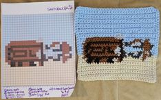 two crocheted coasters with pictures of cows and horses on them, one is blue and the other is brown