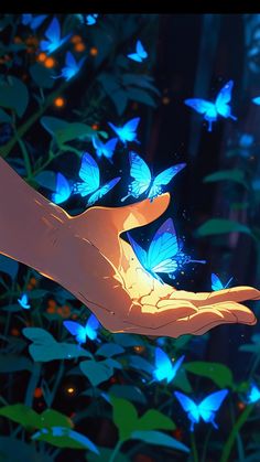 a person's hand with glowing blue butterflies on it in front of green leaves