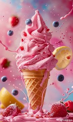 an ice cream cone with pink icing and strawberries on it, surrounded by other fruit