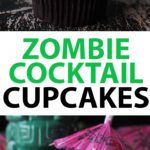 there is a cupcake with pink umbrellas on the top and zombie cocktail in the bottom