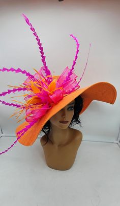 Beautiful extra large lightweight orange hat with oganza and yellow flowers adorning it.   Kentucky derby hat adorn with feathers.   Head = to 22 inches - Free Shipping - Fast shipping - Customize by adding different color flowers and or feathers Check my store for styles and colors.  Hatsandpearls.etsy.com Find more at my website: Www.hatsandpearls.com  Reach out to me if you can't find what you are looking for.  I can make cake custom orders and help you style and match your outfit  Tag and sh Summer Party Hat With Feather Trim, Feathered Church Hats For Summer, Summer Church Hats With Feathers, Adjustable Top Hat With Feather Trim For Summer, Spring Church Hats With Feathers, Feathered Summer Church Hats, Summer Races Fascinator With Feather Trim, Summer Costume Hats With Feathers And Short Brim, Summer Fascinator With Feather Trim For Races