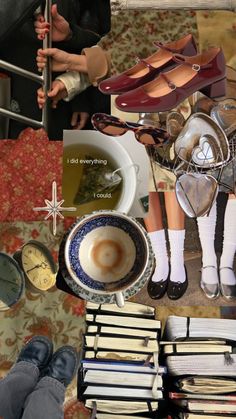 there is a collage of pictures with books, coffee and other things on the table