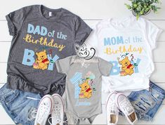 three t - shirts with winnie the pooh and dad of the birthday boy on them