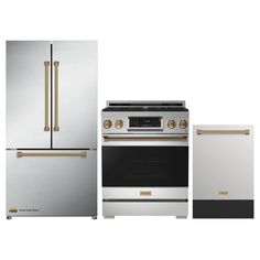 an oven, refrigerator, and dishwasher are shown in this image with gold accents