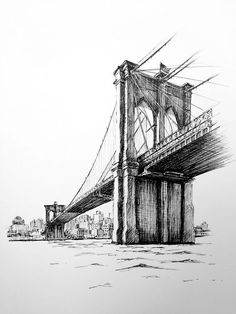 a drawing of the brooklyn bridge in black and white, as it appears to be over water