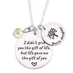 PRICES MAY VARY. Engraved with love message "I didn't give you the gift of life,but life gave me the gift of you" and "Bonus daughter",an excellent way to express your gratitude and love to stepdaughter.Make a meaningful gift for your bonus daughter,Step daughter,daughter in law. Material:The chain and DISC pendant is made with STAINLESS STEEL,lead free and nickel free，doesn’t rust,change color or tarnish. Chain Length: 24 inch + 2 inch extender; big love message disc charm is 1 inch approx, fam Personalized Letter Print Jewelry For Mother's Day, Mother's Day Letter Print Jewelry Birthday Gift, Mother's Day Birthday Gift Letter Print Jewelry, Words Of Appreciation, Mother Family, Step Mom Gifts, Daughter Jewelry, Step Daughter, Step Mother