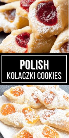 polish cookies with powdered sugar and jelly on them are shown in this collage