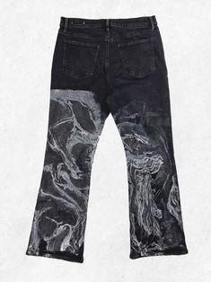 Black with White Marble Painted Black Flare Jeans - 34" (Send message on RE.STATEMENT for more sizes). Black Grunge Graphic Print Bottoms, Fitted Black Pants In Grunge Style, Fitted Black Grunge Pants, Black Stretch Bottoms With Graphic Print, Black Cotton Jeans With Graphic Print, Edgy Black Pants With Graphic Print, Fitted Black Bottoms With Graphic Print, Reworked Sweatpants, Reworked Nike