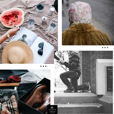 black and white photos with different things on them including watermelon, hat, purse