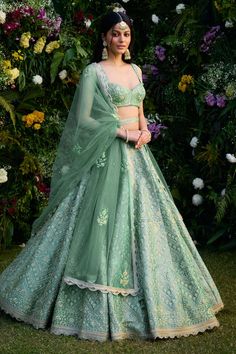 Vivid green raw silk lehenga with an attached cancan and zari and dori embroidery. Comes with a padded blouse, a dupatta and a belt. - Aza Fashions Dori Embroidery, Raw Silk Lehenga, Padded Blouse, Embroidered Lehenga, Belt For Women, Silk Lehenga, Net Dupatta, Fashion App, Embroidered Silk