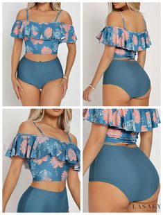 Lasaky – Womens Floral Print Ruffle Spaghetti Strap Tankini Set – Blue High Waisted Stretchy Swimsuits for a Stylish Swimwear and Clothing Experience – Lasaky Fashion Boutique Blue Stretch Swimwear Sets For Pool, Blue Stretch Swim Sets For Pool, Blue Stretch Sets For Pool, Blue Spring Sets For Pool, Sleeveless Blue Sets For Beach Season, Blue Stretch Ruffled Tankini, Blue Ruffled Stretch Tankini, Blue Summer Pool Sets, Light Blue Ruffled Sets For Summer