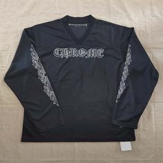 New With Tags Color: Black Size: M Material: Mesh Fabric Unisex V-Neck, Long Sleeves Brand Logo Print Chrome Hearts Jersey, Chrome Hearts Shirt, Mens Fashion Streetwear, Black Jersey, Fashion Streetwear, Chrome Hearts, Mesh Fabric, Logo Print, Brand Logo