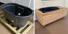 two pictures side by side, one with a bucket and the other without