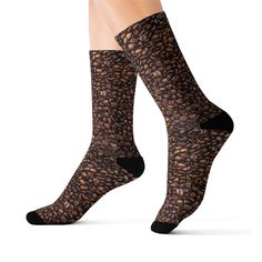 These high-quality socks with sublimated print provide optimum comfort with style wherever one might go - a subtle accent to complement an office look or an eye-catching statement for an extravagant outfit.  NB! Dark color prints tend to make the side-seams more noticeable. .: Material: 95% polyester, 5% spandex .: Unisex regular fit .: 3 different sizes .: Ribbed tube .: Cushioned bottoms .: NB! Printed with flat sublimation method. Color discrepancy can be seen on side seams Silly Funny, Funny Socks, Coffee Bean, Dark Color, Socks And Hosiery, Coffee Beans, Hosiery, Colorful Prints, Bathing Beauties