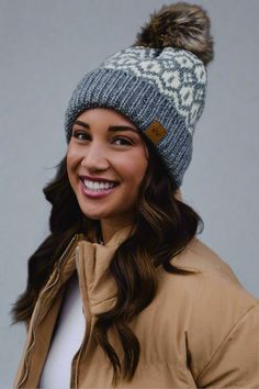 Grey & cream patterned knit hat. Natural faux fur pom accent - fleece lined 100% Acrylic. Casual Winter Fair Isle Pattern Hat, Warm Nordic Hats For Cold Weather, Nordic Warm Hats For Cold Weather, Nordic Style Warm Hats For Cold Weather, Fair Isle Beanie Hats For Winter, Winter Fair Isle Pattern Beanie Hat, Winter Fair Isle Beanie Hats, Animal Books, Pom Pom Hat