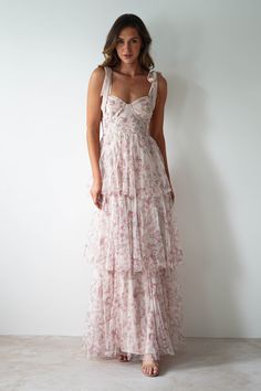 Maribella Tulle Floral Maxi Dress | Cream Floral Maxi Dress Wedding Guest, Summer Birthday Dress, Summer Maxi Dress Floral, Wedding Guest Formal, Prom Dress Inspo, Floral Bridesmaid Dresses, Prom Inspo, Floral Dress Formal, Graduation Dresses