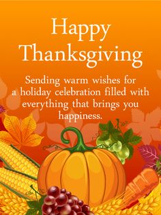 a happy thanksgiving card with corn, pumpkins and other autumn vegetables on an orange background