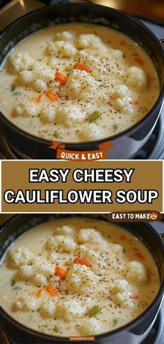 two bowls of easy cheesy cauliflower soup with the title overlay