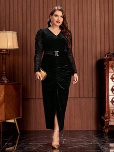 Negro Fiesta Collar manga larga Franela Liso Ajustado Embellished Estiramiento medio Fashion Work Outfit, Plus Size Elegant Dresses, Velvet Party Dress, 파티 드레스, Womens Fashion For Work, Ruched Dress, Split Hem, Velvet Dress, Traditional Dresses