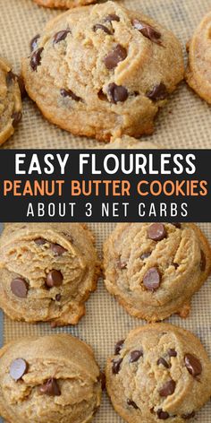 These flourless peanut butter cookies are packed with dark chocolate chips and perfectly soft and chewy. Naturally gluten-free, and about 3 net carbs each! Flourless Peanut Butter Cookies, Recipe Cookies, Breakfast Low Carb, Desserts Keto, Peanut Butter Chocolate Chip Cookies, Low Carb Cookies, Keto Dessert Easy, Low Carb Sweets