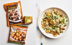 a bowl of food next to two bags of chicken and vegetables on a white table