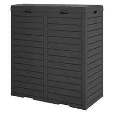 a black plastic storage box on a white background