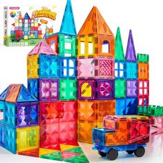 the building blocks are all different colors and shapes, but one is made out of plastic