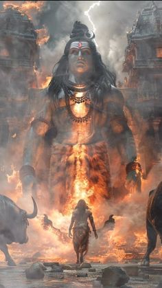 the god is surrounded by fire and bulls